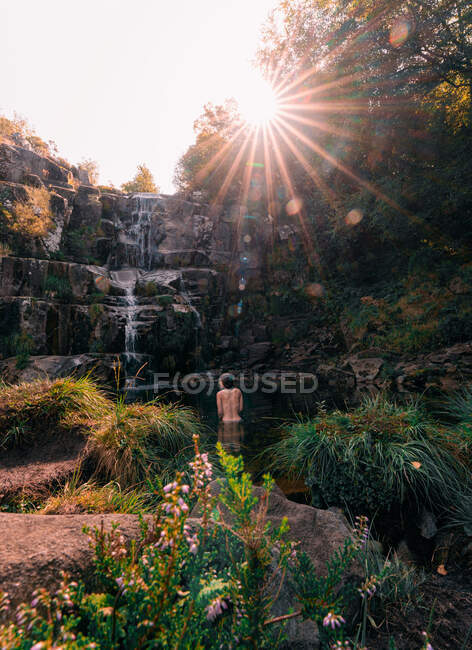 Vue arrière de femme nue voyageant méconnaissable couvrant le sein et se tenant dans l'eau calme de l'étang près de la cascade dans le parc naturel de Fervenza De Casarinos en Espagne — Photo de stock