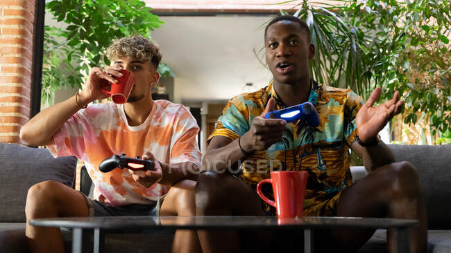 Diverse male friends with gamepads drinking beverages while sitting on couch and playing video game together in living room with green plant — Stock Photo