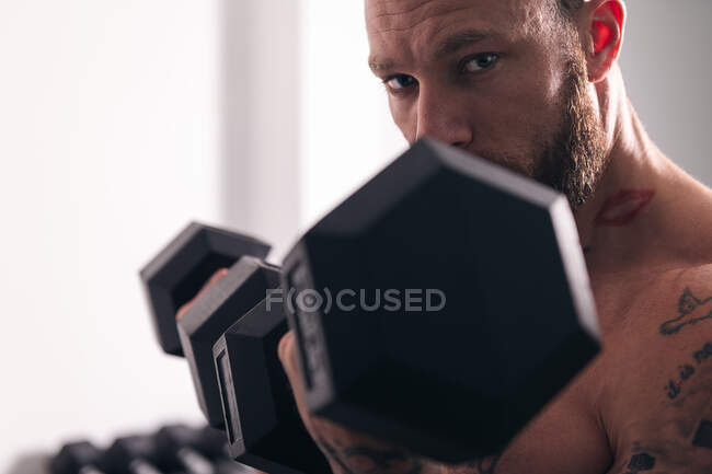 Crop forte desportista fazendo exercício em bíceps com halteres e olhando para a câmera durante o dia — Fotografia de Stock