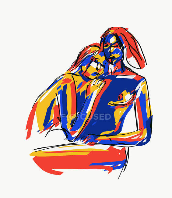 Творческая красочная векторная иллюстрация обнаженной лесбийской пары, мягко обнимающейся на белом фоне — стоковое фото