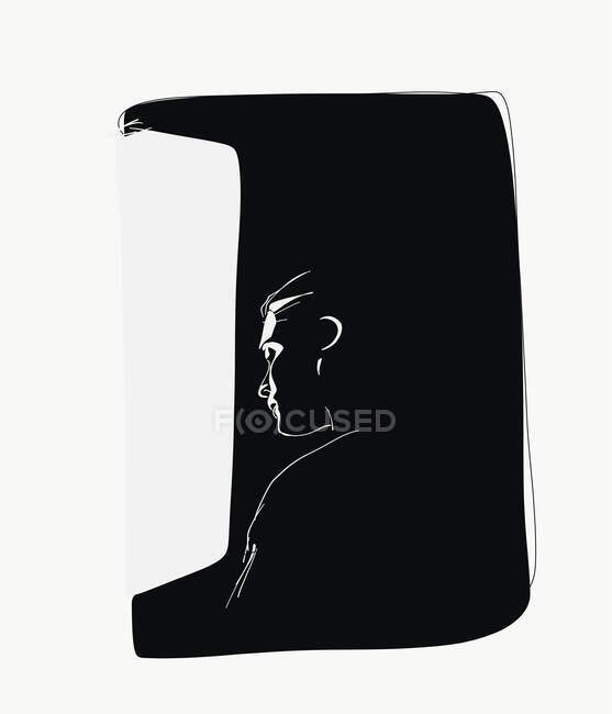 Ilustración vectorial en blanco y negro de silueta de mujer pensativa de pie cerca de la ventana y mirando hacia otro lado pensativamente - foto de stock