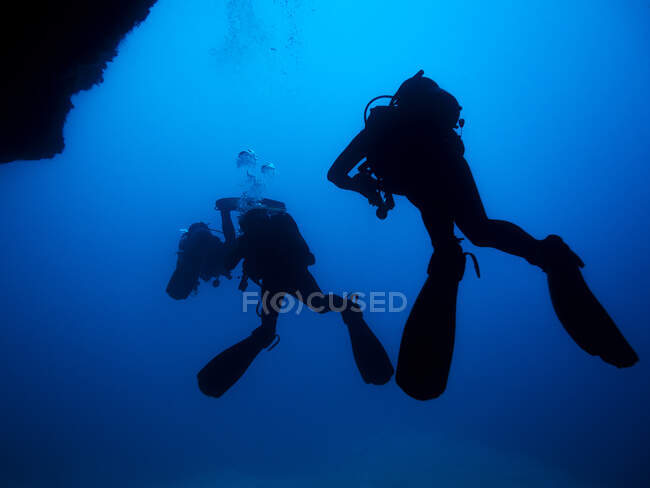 Vista posterior de siluetas de deportistas anónimos con equipo de buceo y cámara de fotos nadando bajo el agua del mar con burbujas - foto de stock