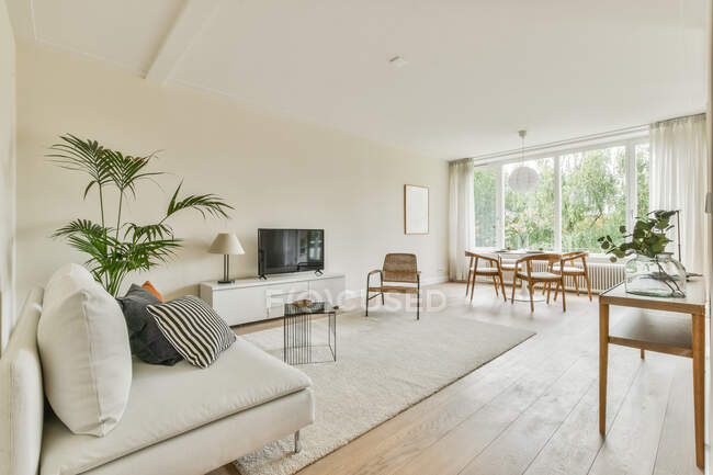 Interno di luminoso soggiorno con vari mobili confortevoli e TV in appartamento contemporaneo — Foto stock
