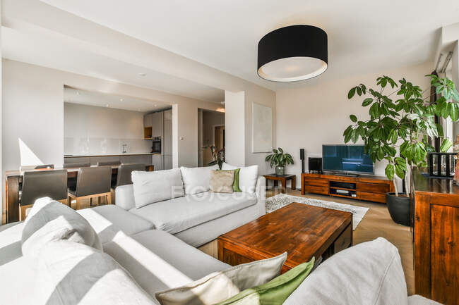 Contemporáneo salón interior con mesa de madera entre sofá y cómoda contra panel en la pared en la casa - foto de stock