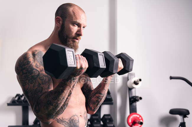 Vue latérale du bodybuilder avec des tatouages debout avec des haltères lourds pendant l'entraînement dans la salle de gym — Photo de stock