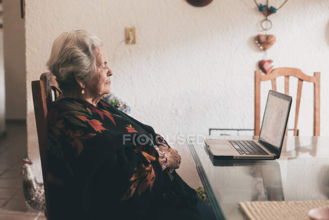 Вид збоку на літню жінку з коротким сірим волоссям, що сидить на стільці, роблячи відеодзвінки через нетбук вдома — стокове фото