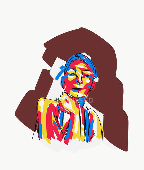 Colorful creative vector picture of female touching neck and looking at camera painted with blue yellow and red colors against white background — Stock Photo