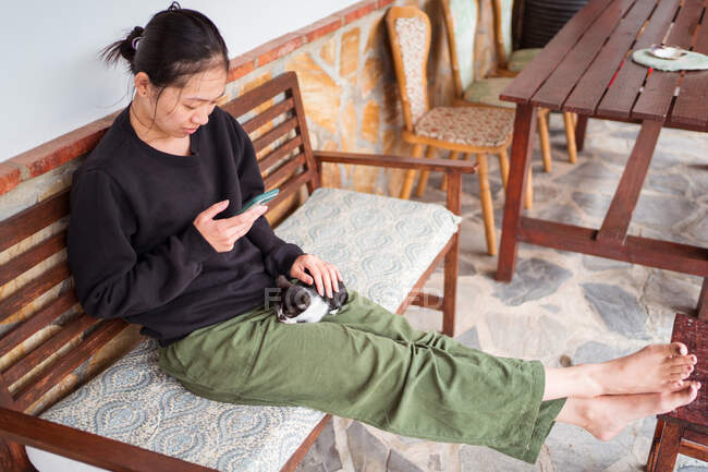 Молодая этническая женщина ласкает милую кошечку во время просмотра мобильного телефона на скамейке — стоковое фото