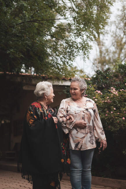 Ancianas vistiendo ropa casual y conversando mientras caminan juntas en el jardín de verano cerca de arbustos verdes de rosas en un día nublado - foto de stock