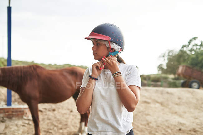 Menina adolescente em roupas casuais colocando capacete enquanto está perto de cavalos com selas no quintal no estábulo durante o dia — Fotografia de Stock