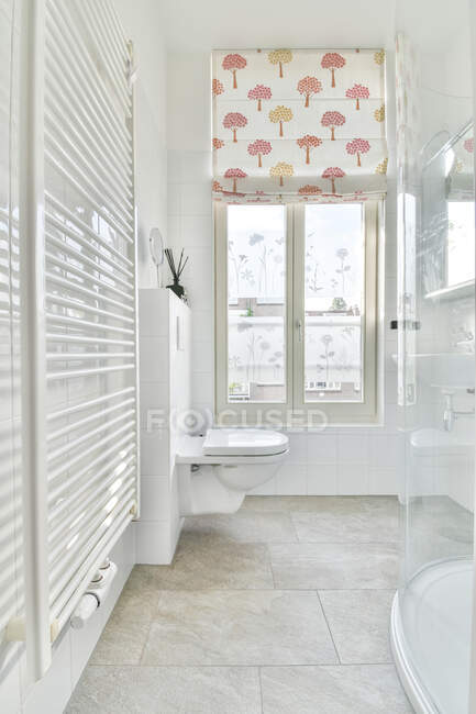 Інтер'єр сучасної білої ванної кімнати з керамічним туалетом і душовою кабіною в світлій квартирі — стокове фото