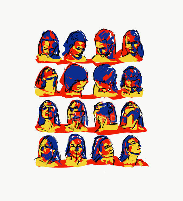 Illustration créative de collage vectoriel coloré de jeunes femmes de différentes humeurs sur fond blanc — Photo de stock