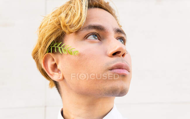 Hombre joven reflexivo en camisa formal y pequeña ramita verde en la mejilla mirando a la distancia mientras está de pie sobre fondo blanco - foto de stock