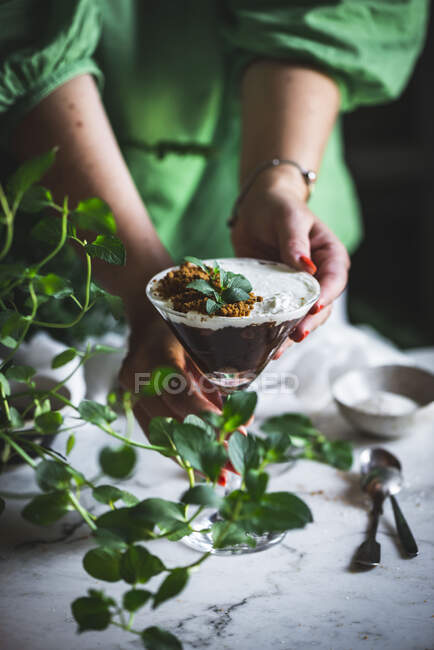 Unrecognizable female putting glass with chocolate and coconut mousse on marble table with green plants — Stock Photo