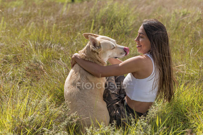 Vista lateral do proprietário do sexo feminino e cão obediente olhando um para o outro enquanto descansa no campo gramado com árvores altas — Fotografia de Stock
