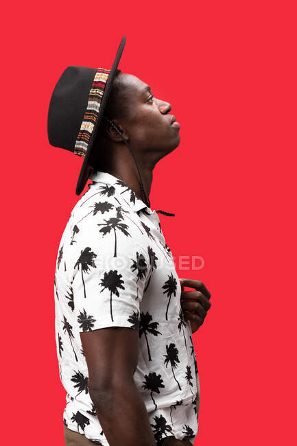 Side view of masculine self-confident African American male in stylish outfit standing against red background and looking up — Stock Photo