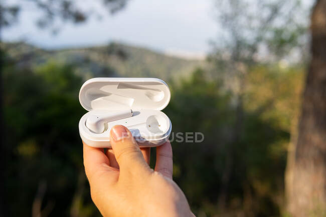 Cultivo persona anónima mostrando caja con verdaderos auriculares inalámbricos contra exuberantes árboles verdes en el día soleado en el bosque - foto de stock