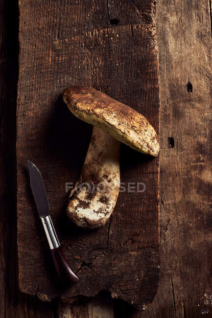 Vista dall'alto dei funghi Boletus edulis tagliati crudi sul tagliere di legno rustico durante il processo di cottura — Foto stock
