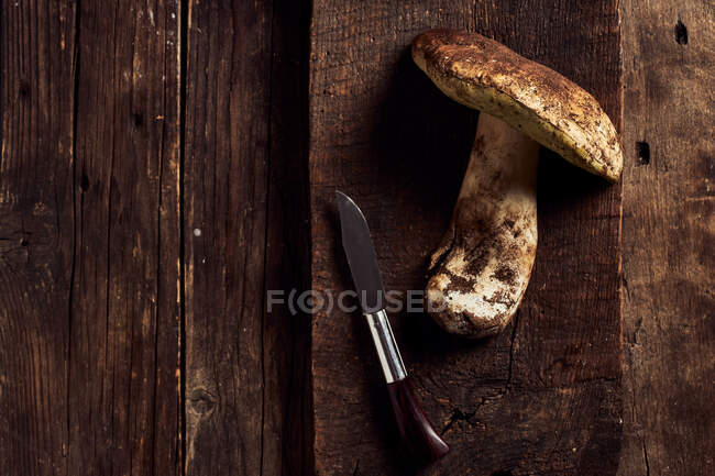 Vue du dessus des champignons Boletus edulis coupés crus sur une planche à découper en bois rustique pendant la cuisson — Photo de stock
