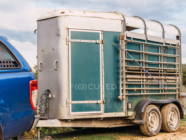 Porta do reboque de gado anexado ao carro SUV em estrada áspera sob céu nublado no campo — Fotografia de Stock