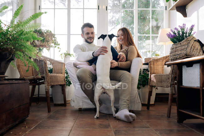 Bearded man with smiling girlfriend embracing purebred dog while resting in armchair against window in house room — Stock Photo