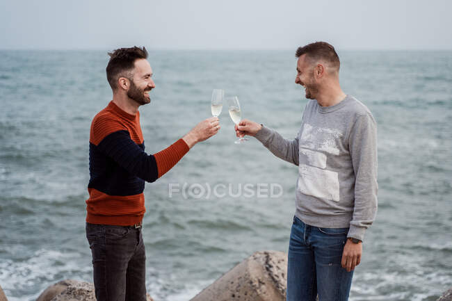 Homosexuelle männliche Partner mit modernen Frisuren genießen Champagner aus Gläsern, während sie tagsüber an der Küste stehen — Stockfoto