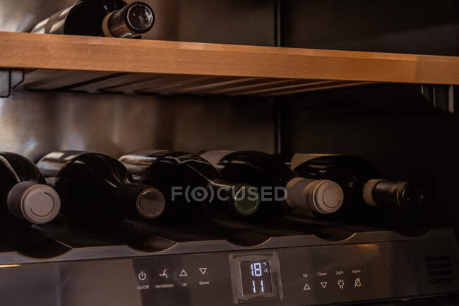 Garrafas de vinho sortido colocadas na prateleira no armário contemporâneo com controle de umidade colocado na cozinha do apartamento — Fotografia de Stock