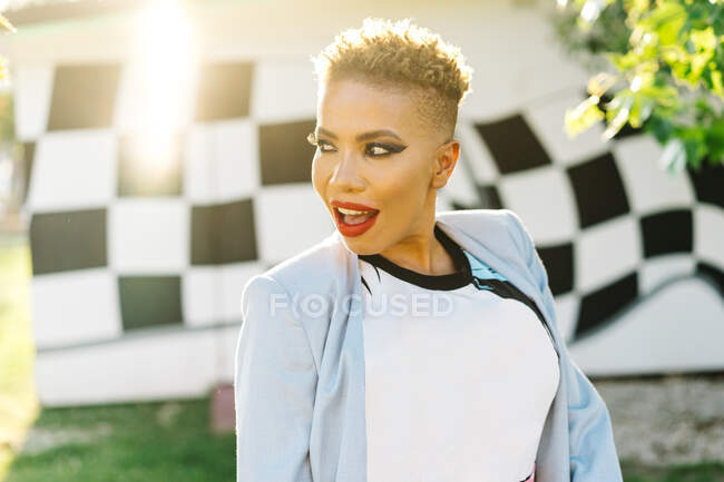 Femme afro-américaine incroyable dans des vêtements à la mode avec maquillage et coupe de cheveux moderne regardant loin dans le parc dans le dos éclairé — Photo de stock