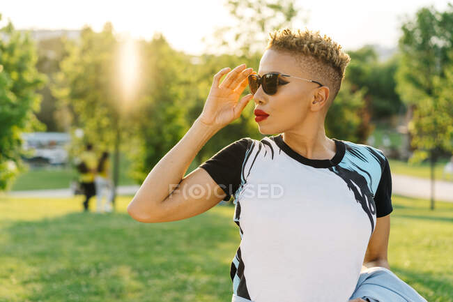 Feminino étnico na moda em óculos de sol e corte de cabelo moderno olhando para longe no parque — Fotografia de Stock