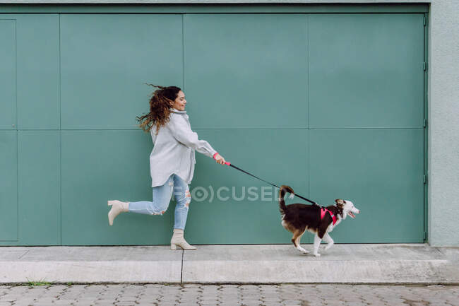 Vista lateral do proprietário feminino correndo com o cão Border Collie na trela enquanto se diverte durante o passeio na cidade — Fotografia de Stock