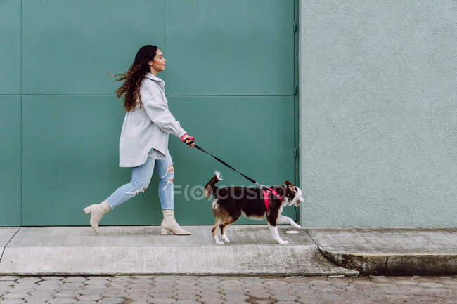 Side view of female owner running with Border Collie dog on leash while having fun during stroll in city — Stock Photo