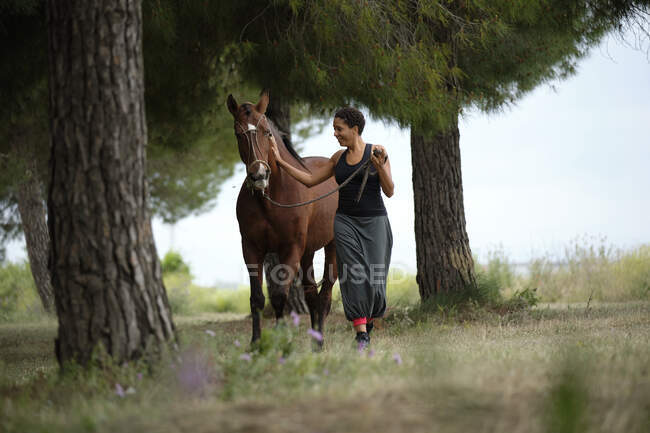 Full body of cheerful ethnic female stroking obedient brown stallion with bridle while walking together on green meadow with trees in summer countryside — Stock Photo