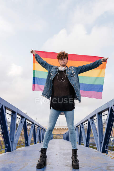 Desde abajo de los hombres homosexuales serios de pie con la bandera del arco iris en brazos levantados en el puente y mirando a la cámara - foto de stock