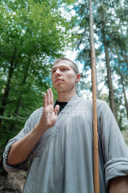 Baixo ângulo do homem com vara segurando a mão perto do peito enquanto pratica kung fu na floresta — Fotografia de Stock