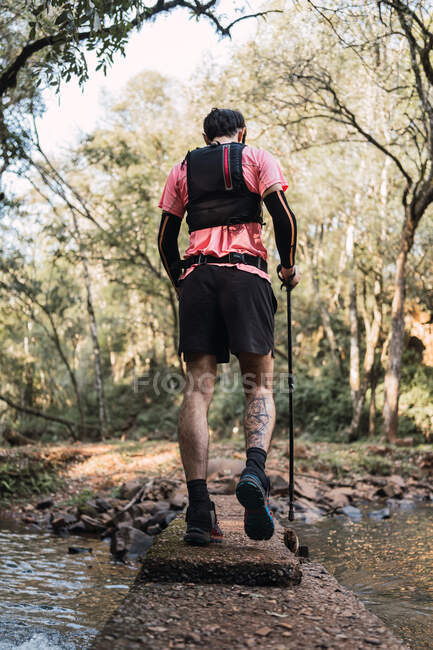 Чоловічий пішохід з рюкзаком, що йде на кам'янистій землі біля озера в лісі і дивиться — стокове фото