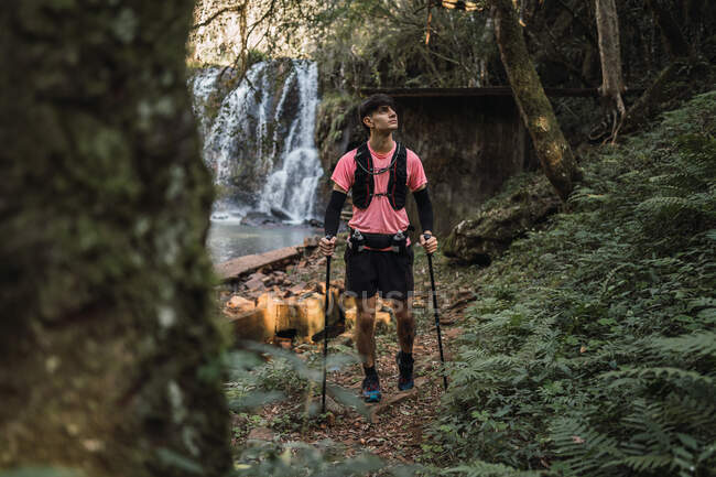 Viajero masculino con bastones de trekking de pie cerca del lago con cascada en los bosques - foto de stock