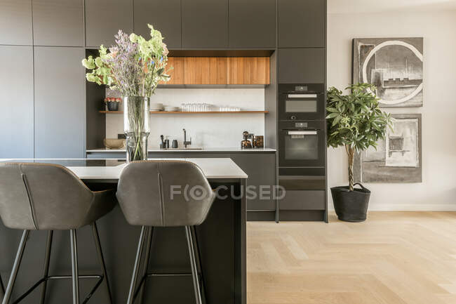 Interieur der modernen Küche mit dunkelgrauen Möbeln und grünen Topfpflanzen in der Wohnung im minimalistischen Stil — Stockfoto