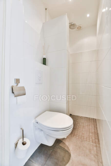 Интерьер минималистского стиля современный туалет с чистым туалетом установлен на плитке стены рядом с душем и бумагой — стоковое фото