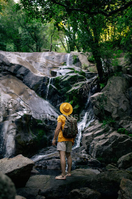 Vista posteriore di un escursionista maschio irriconoscibile in piedi sul masso e ammirando una cascata nella foresta — Foto stock