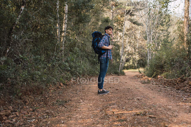 Vista lateral del hombre viajero con la mochila de pie en el camino arenoso en el bosque durante el trekking y mirando hacia otro lado - foto de stock