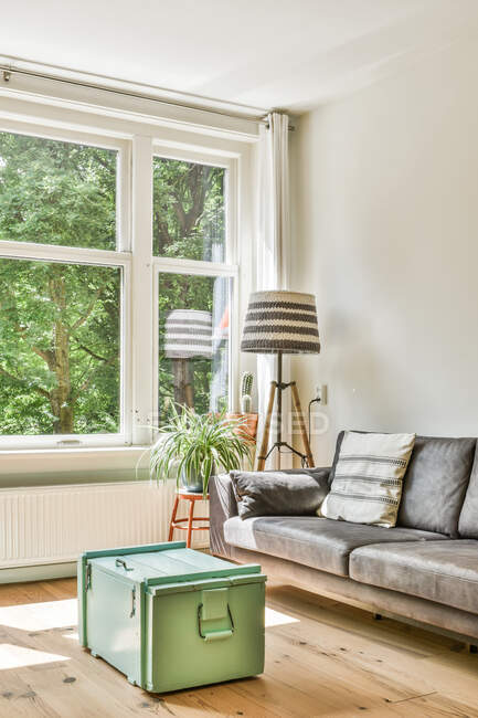 Moderne élégant salon intérieur de la maison avec design concept écologique avec plancher en bois naturel et meubles décorés avec des plantes vertes en pot — Photo de stock
