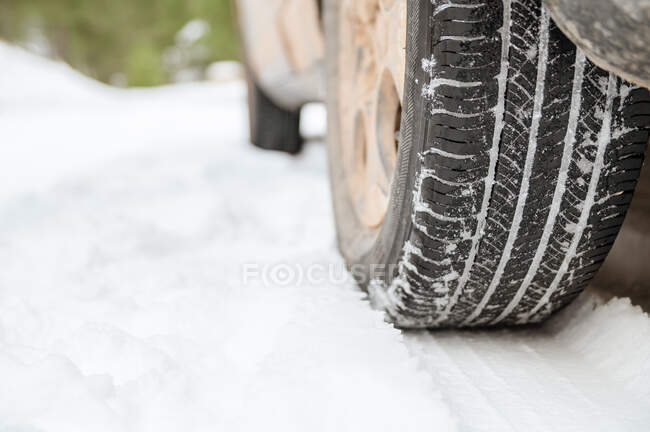 Наземний рівень шини колеса автомобіля, припаркованого на засніженій проїжджій частині в зимовому лісі — стокове фото