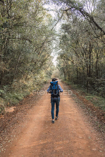 Male explorer with backpack walking on sandy path in forest during trekking and looking away — Stock Photo