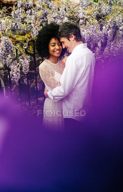 Vista lateral de pareja multirracial amorosa abrazándose en el parque con flores de glicina púrpura florecientes en verano - foto de stock