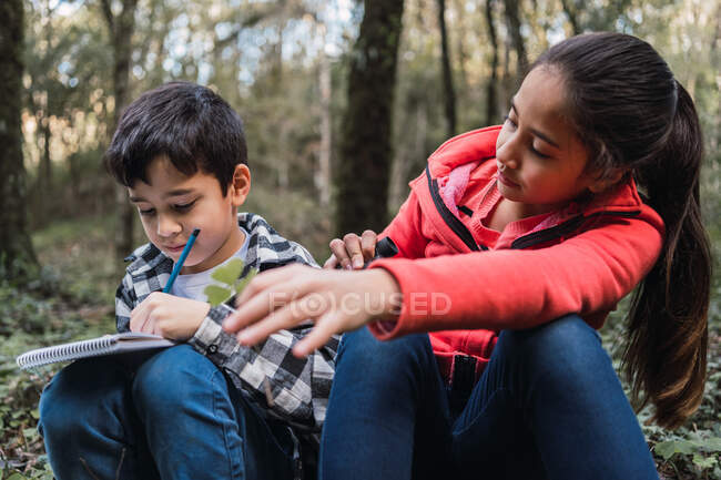 Ethnic boy writing in notepad against sister looking through binoculars while sitting on land in summer woods — Stock Photo
