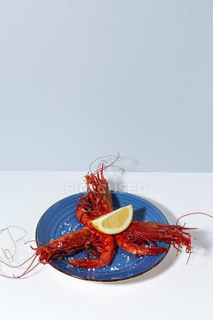Sabroso marisco de camarones rojos cocidos con rodajas de limón fresco y sal gruesa sobre fondo blanco - foto de stock