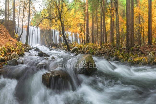 Vue panoramique du mont avec cascades et rivière avec des fluides d'eau mousseux sur des pierres entre les arbres d'automne à Lozoya, Madrid, Espagne. — Photo de stock