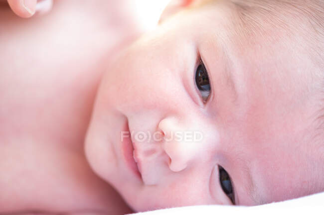 Adorável nu no bebê docemente deitado em cama macia em casa — Fotografia de Stock
