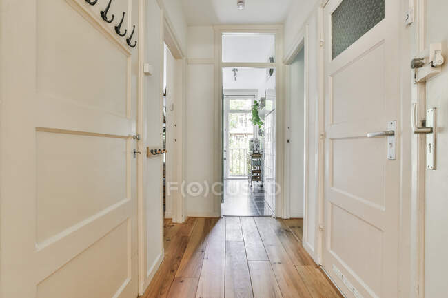 Интерьер светлого коридора с деревянным полом и белыми дверями внутри современной квартиры с солнечным освещением — стоковое фото