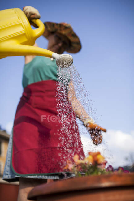Von unten reife Frau, die an einem sonnigen Tag Blumen gießt — Stockfoto
